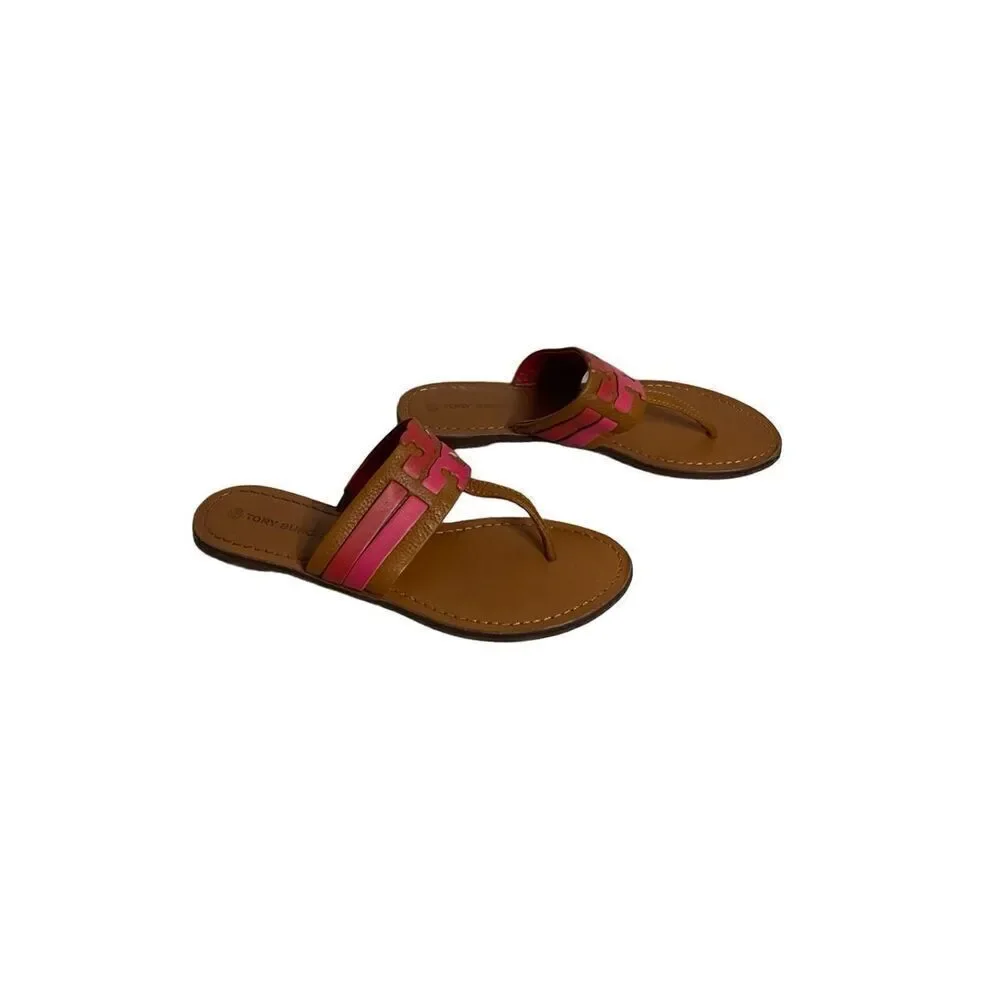 TORY BURCH LEIGH AMBRA CARNELIAN AZALEA LEATHER THONG SANDALS Women’s Size 8